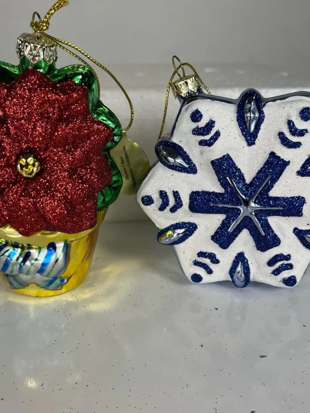 Glitter Poinsettia & Blue Snowflake Holiday Ornament Set